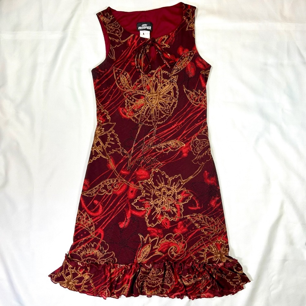 VTG Y2K Jodi Kristopher Dress Sleeveless Wine/Red Print Ruffled Hem Medium